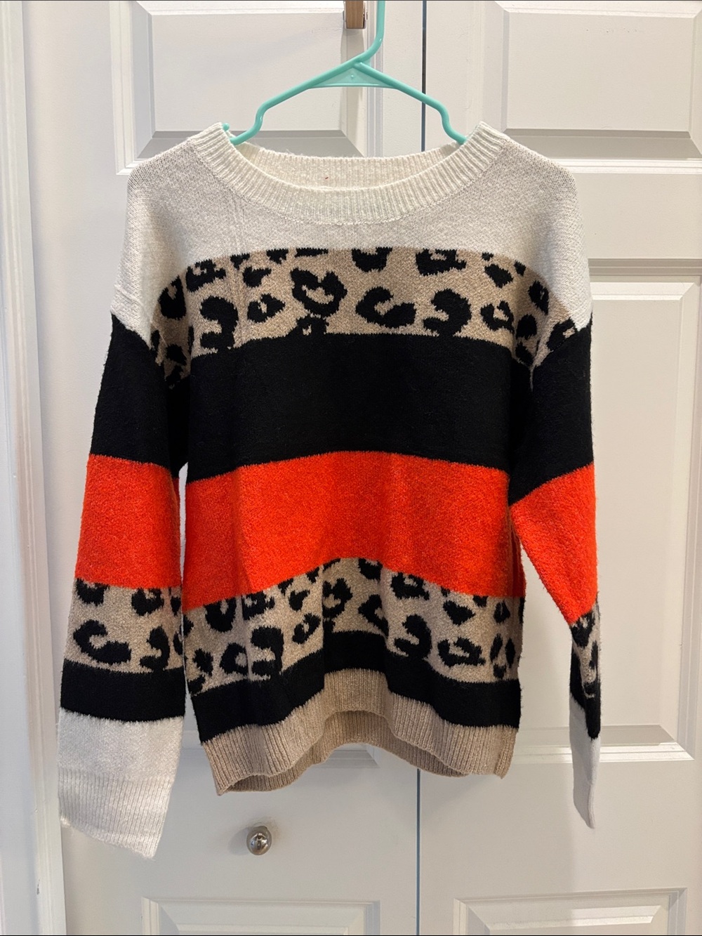Striped Leopard-Print Crewneck Sweater in Cream, Black & Red